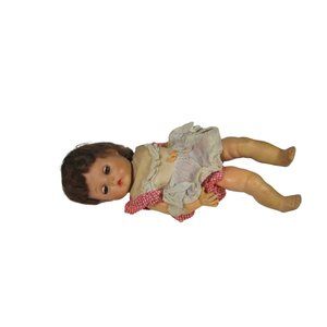 Vintage Doll Moving Eyes Hair One Piece Gingham Dress 14 in Pull String BROKEN